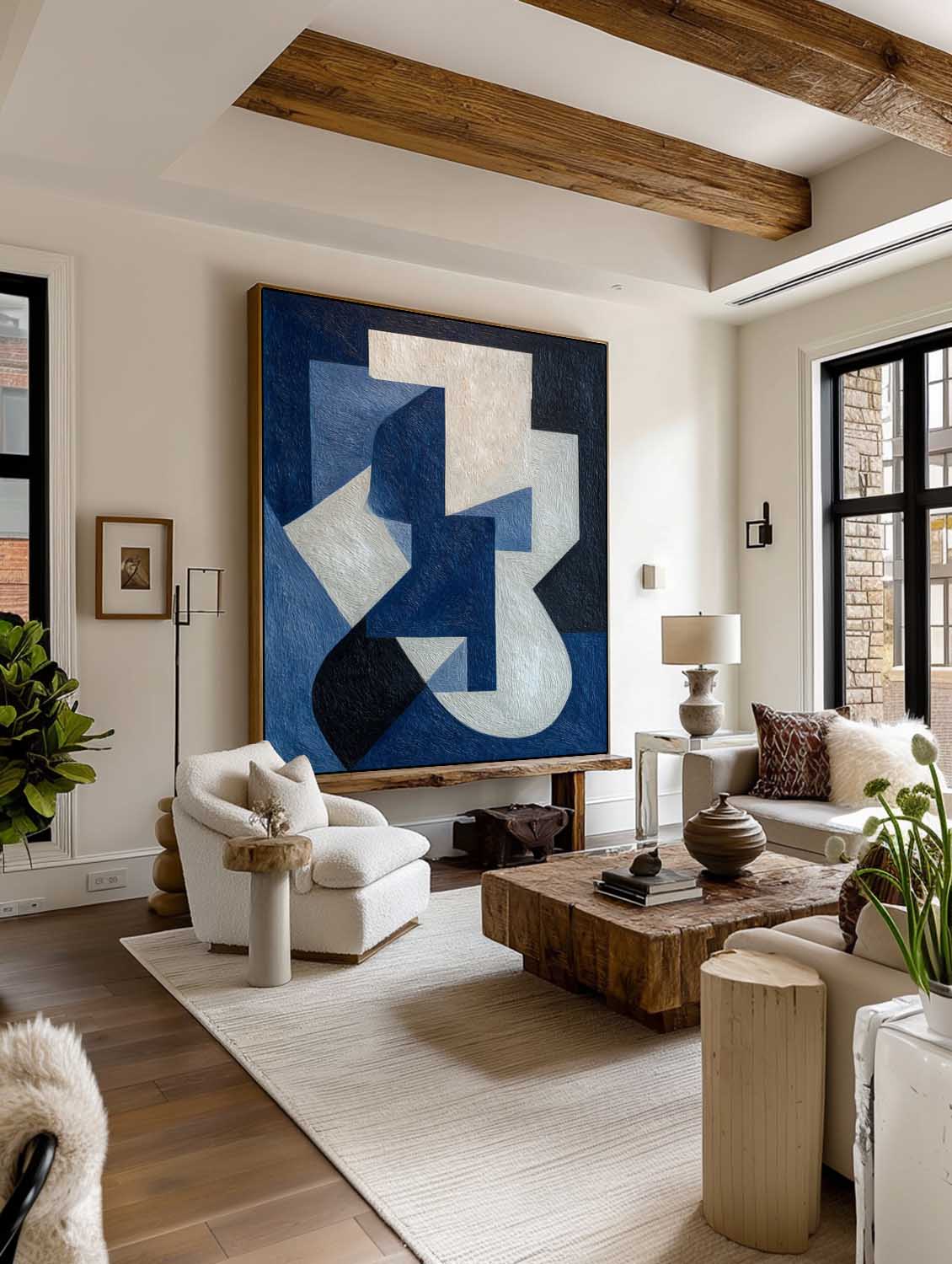 Large White and Blue Abstract Art Minimalist Wabi Sabi Canvas Art Original Abstract Geometric Painting 