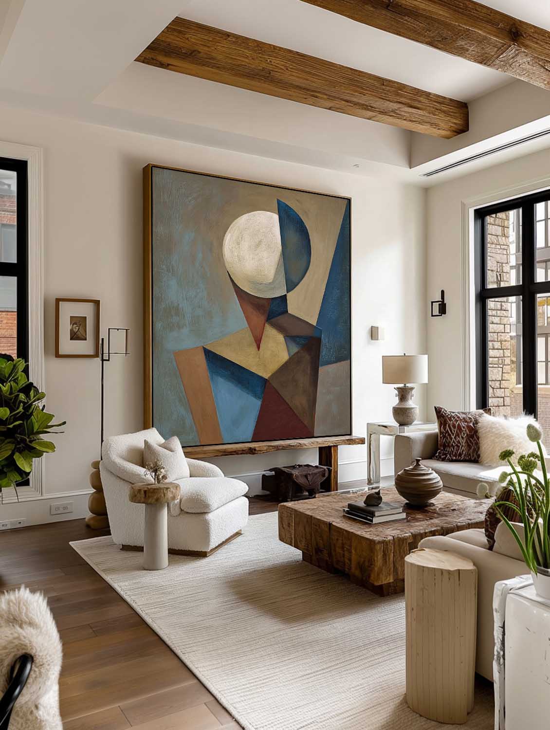 Neutral Abstract Geometry Face Oil Painting Modern Geometric Hand-Painted Oil Painting Original Geometry Abstract Wall Art