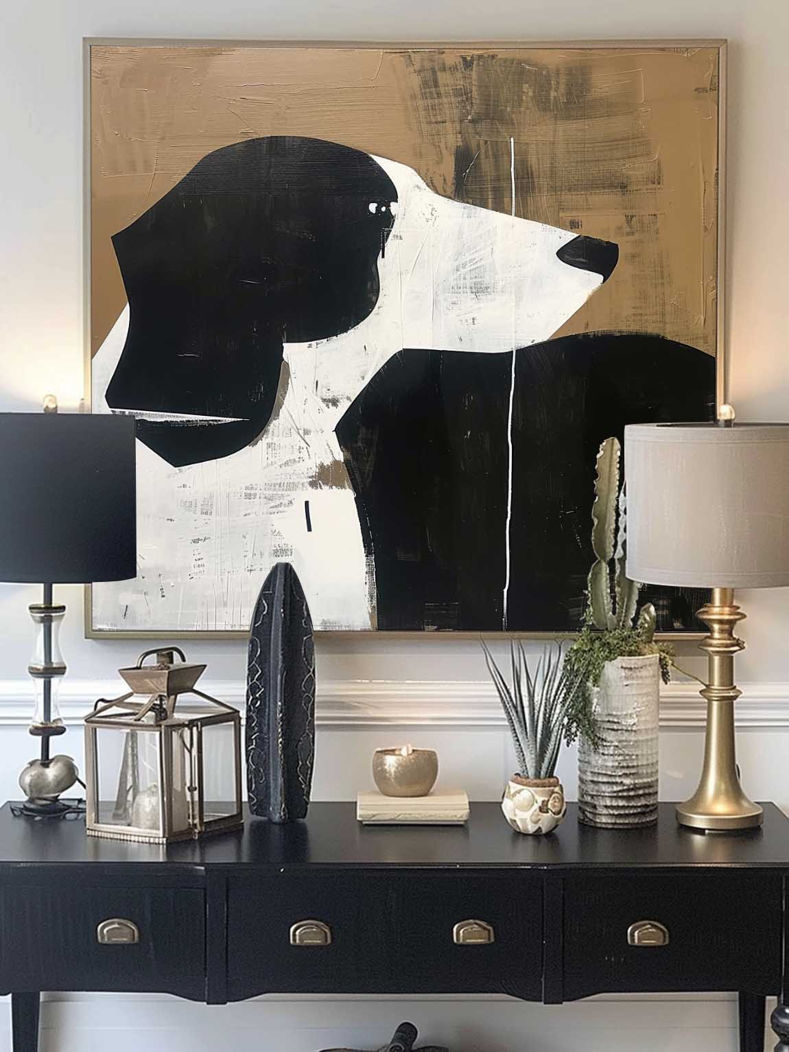 Vintage Dog Oil Painting Original Abstract Dog Wall Art Retro Black And White Dog Painting