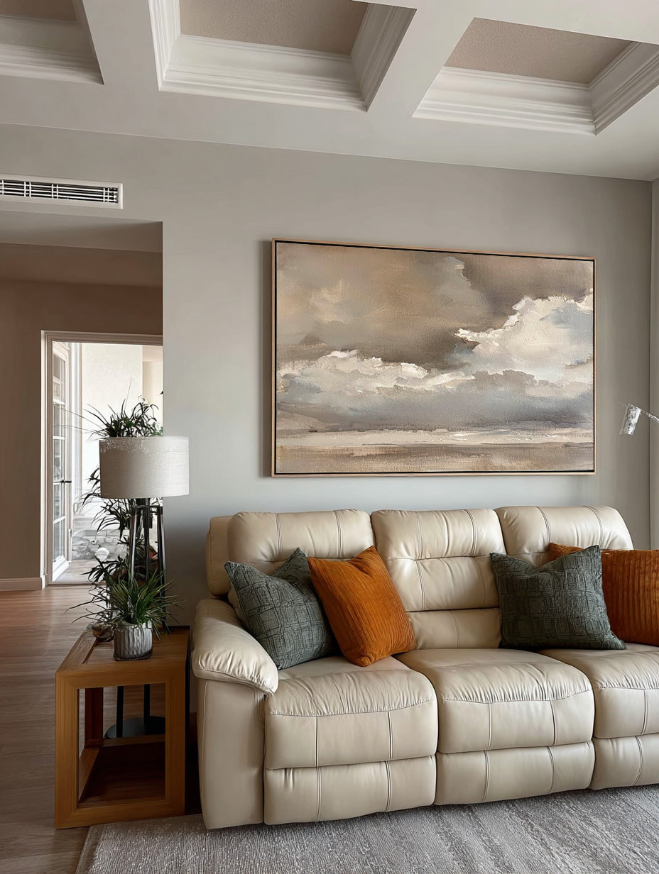 Large Beige Brown Abstract Cloud Painting Minimalist Beige Grey Cloud Abstract Art Neutral Landscape Wall Art