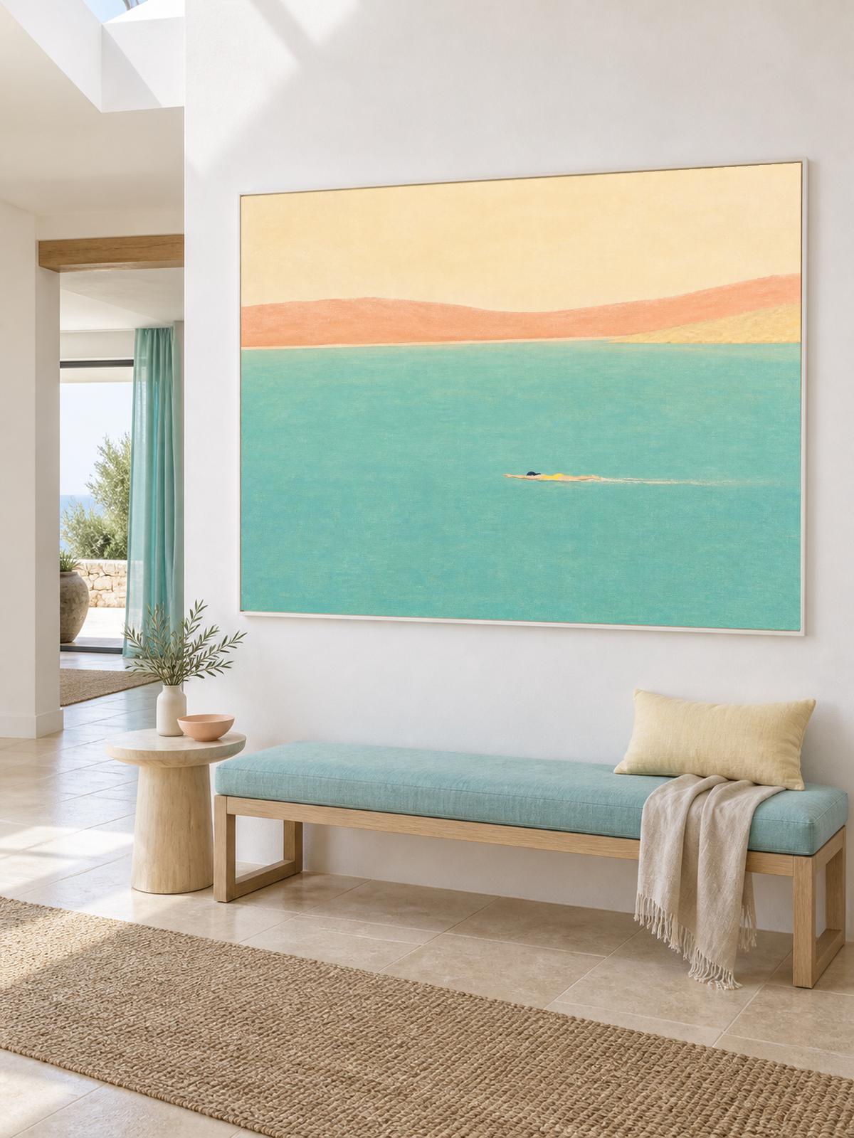 Minimalist Open Water Canvas Art With Lone Swimmer And Warm Coastal Horizon