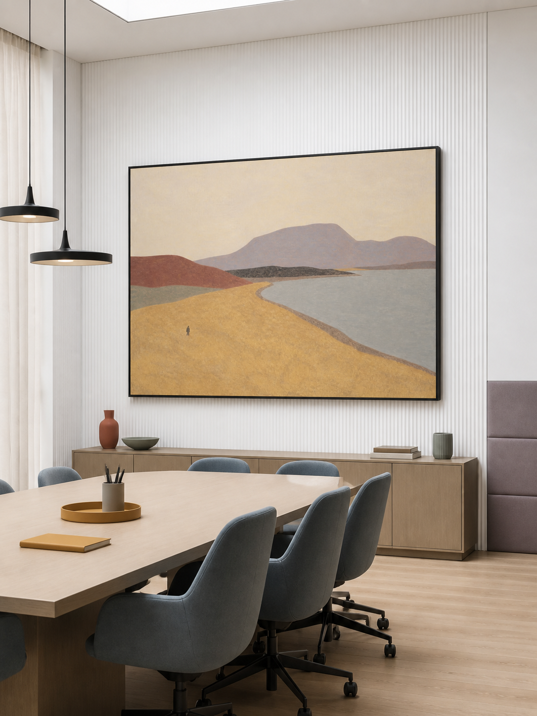 Golden Earth Tone Minimalist Shoreline And Layered Mountains Wall Decor