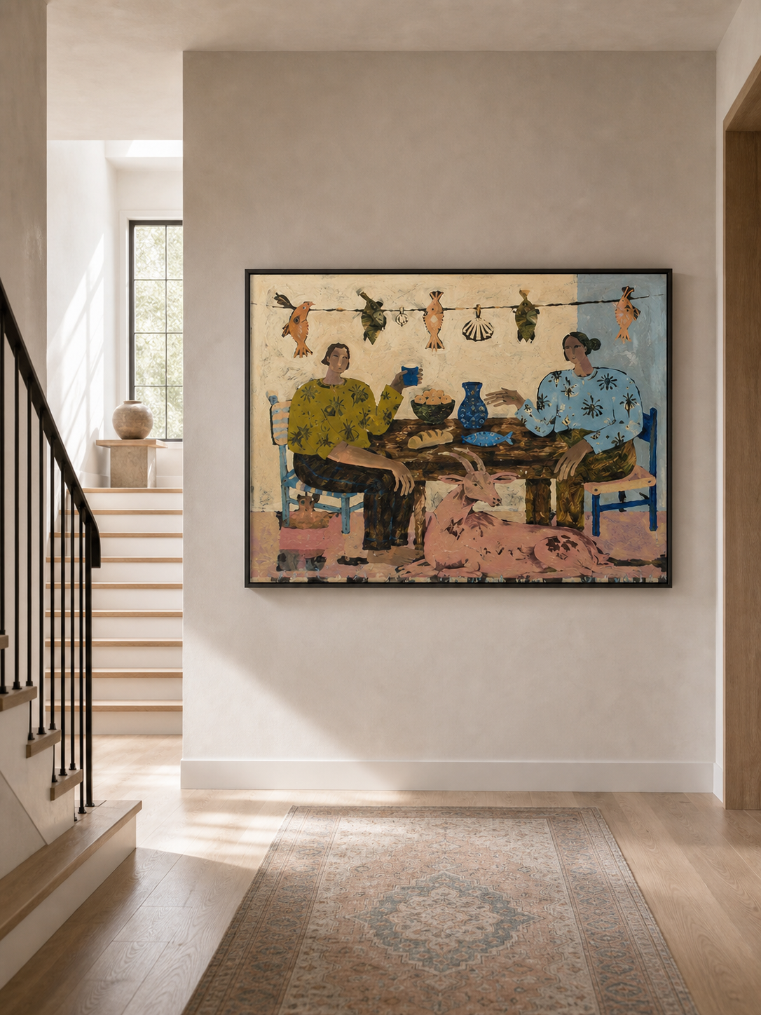 Large Minimalist Bohemian People Canvas Art Framed Original Retro Dining Room Painting