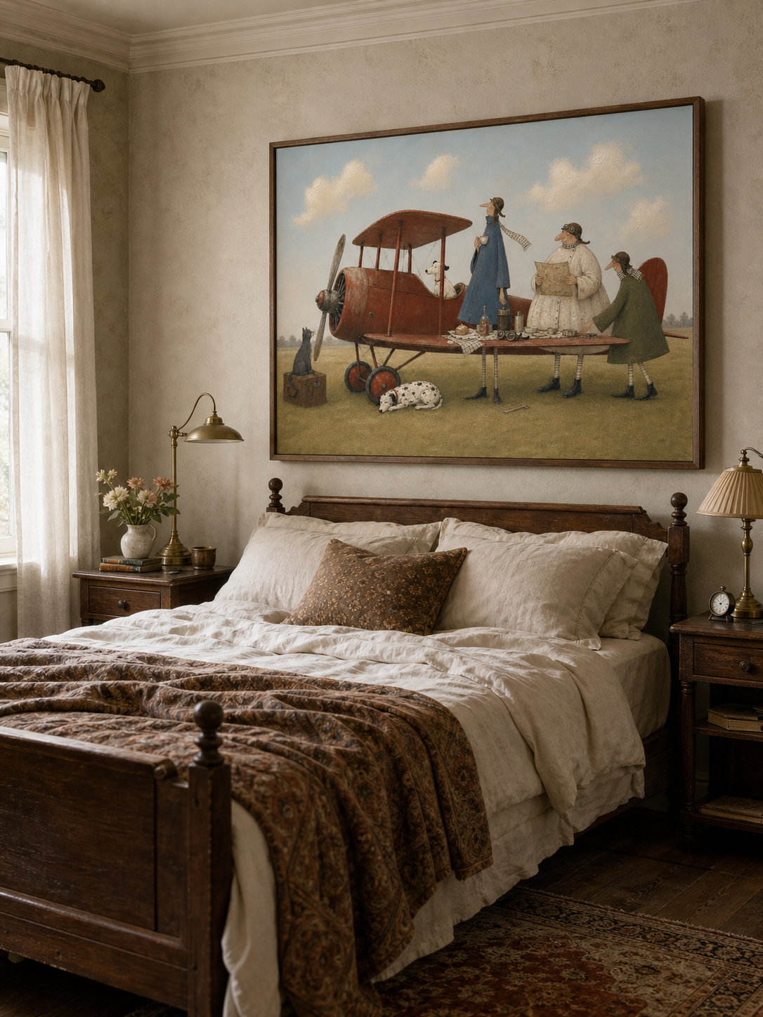 Vintage Airplane Picnic Painting Original Wall Art For Living Room Travel Theme Decor