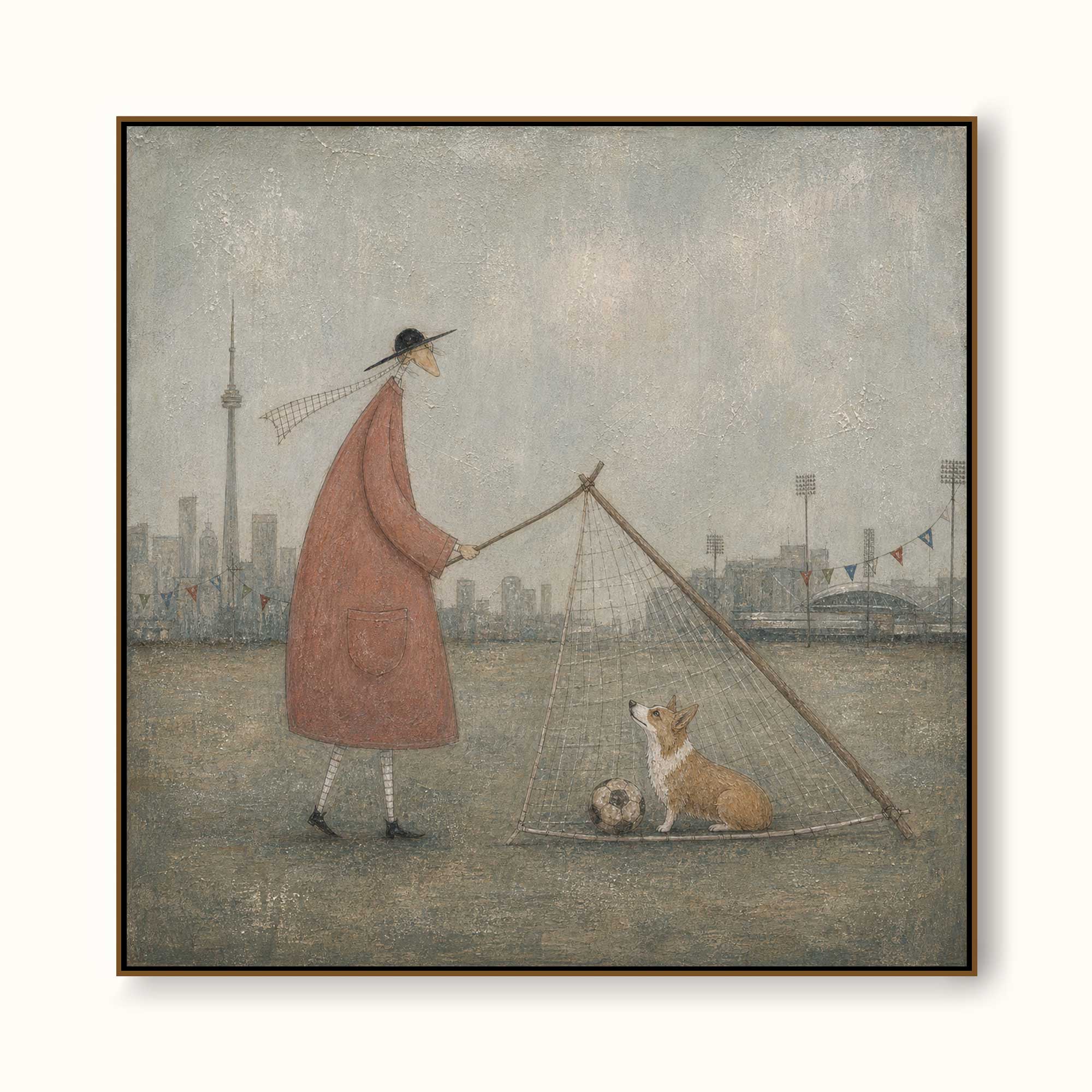Original Hand Painted Corgi Soccer Painting Whimsical City Wall Art