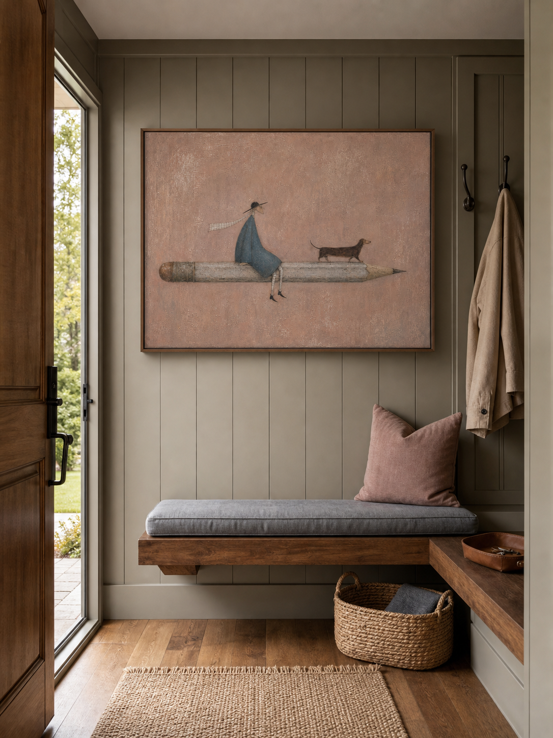 Quirky Dachshund And Girl On Pencil Painting Hand Made Canvas Art For Home Office Decor