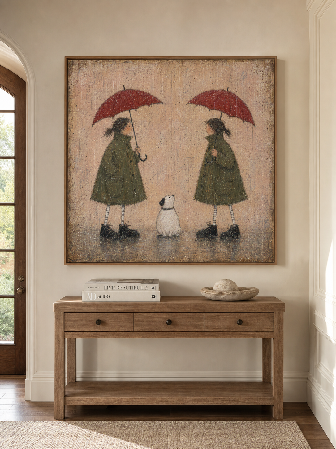 Vintage Rainy Day Art With Dog And Children In Retro Coats For Cozy Home Decor