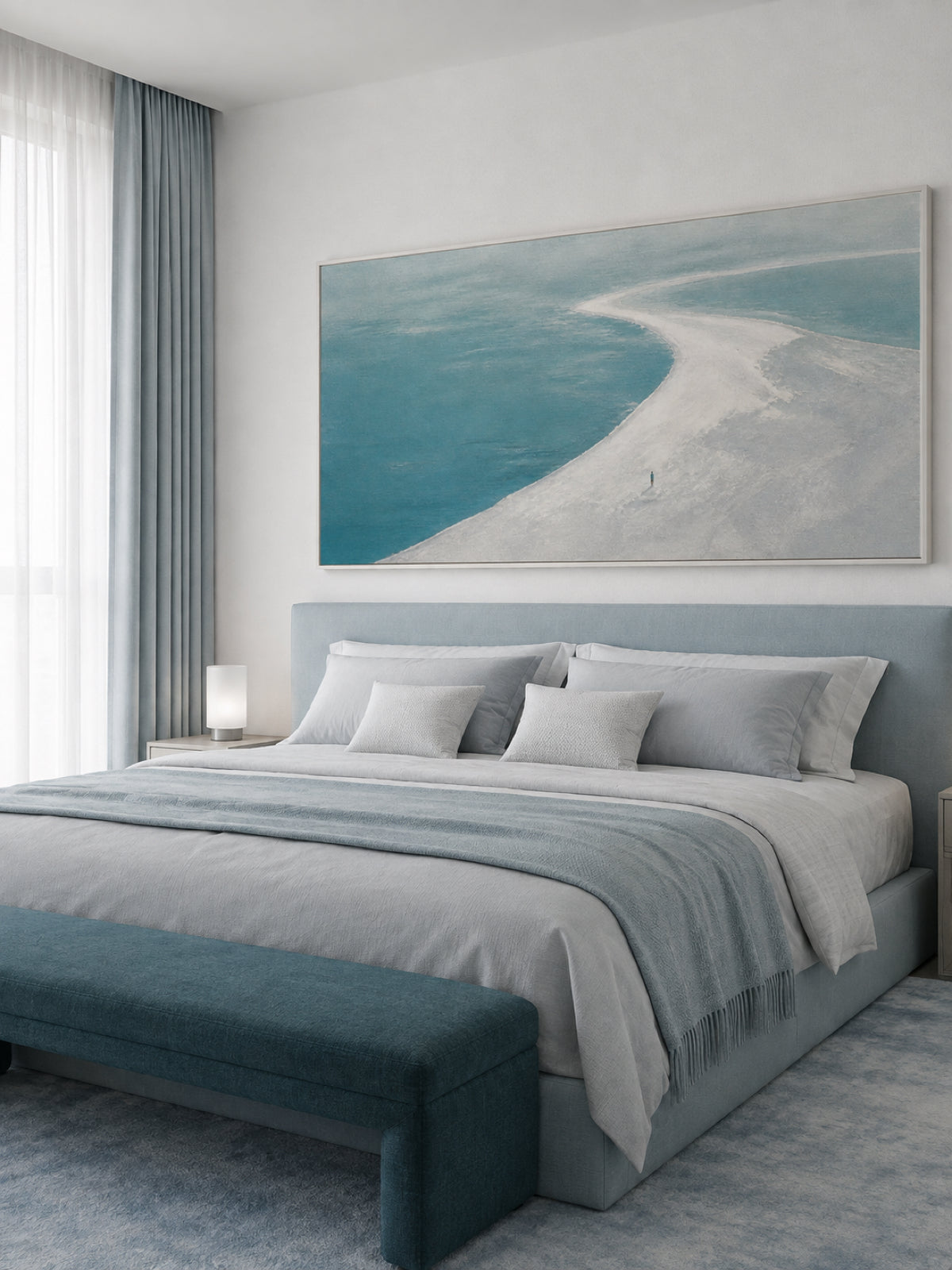 Tiny Figure On Sandbar Hand-Painted Canvas Wall Art With Blue Sea