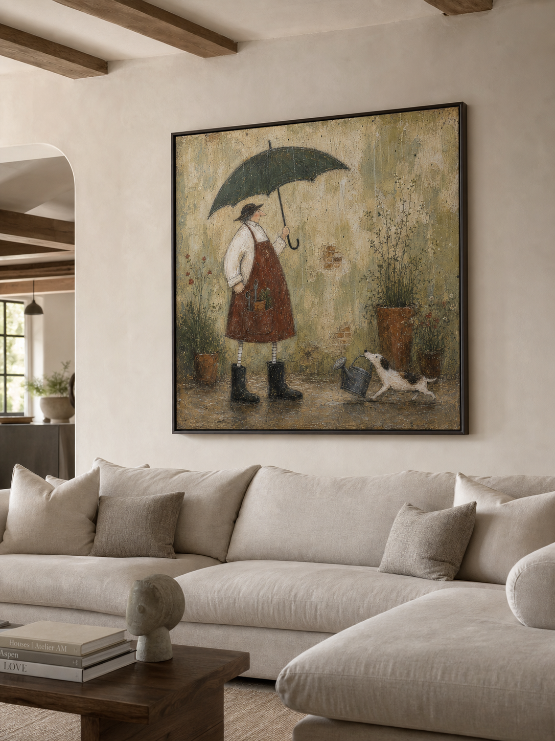 Vintage Gardener With Dog Painting In Earthy Tones For Cozy Home Decor