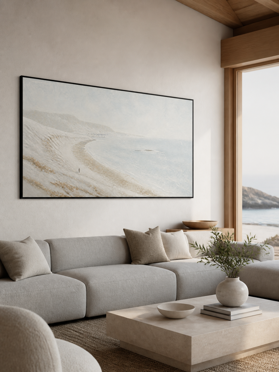 Abstract Coastal Seascape Hand-Painted Canvas Art In Beige And Grey