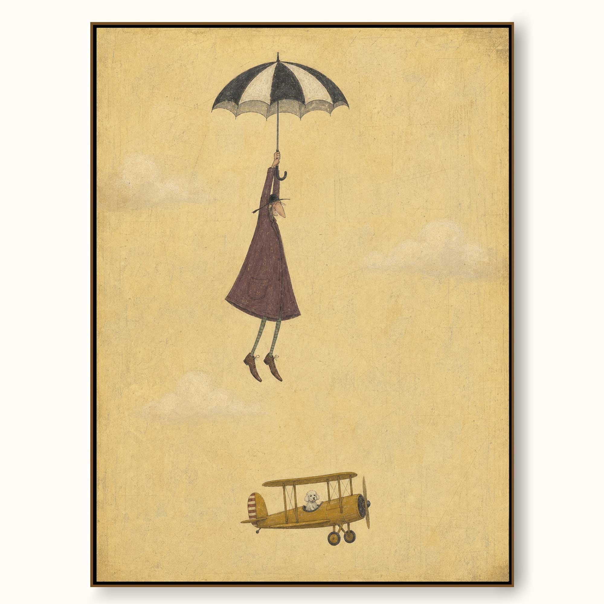 Vintage Style Minimalist Painting Of Flying Figure With Umbrella And Classic Yellow Airplane