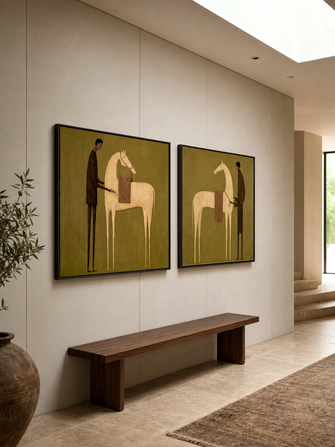 Vintage Equestrian Oil Painting Set Of Two Beige Brown Wall Art For Living Room