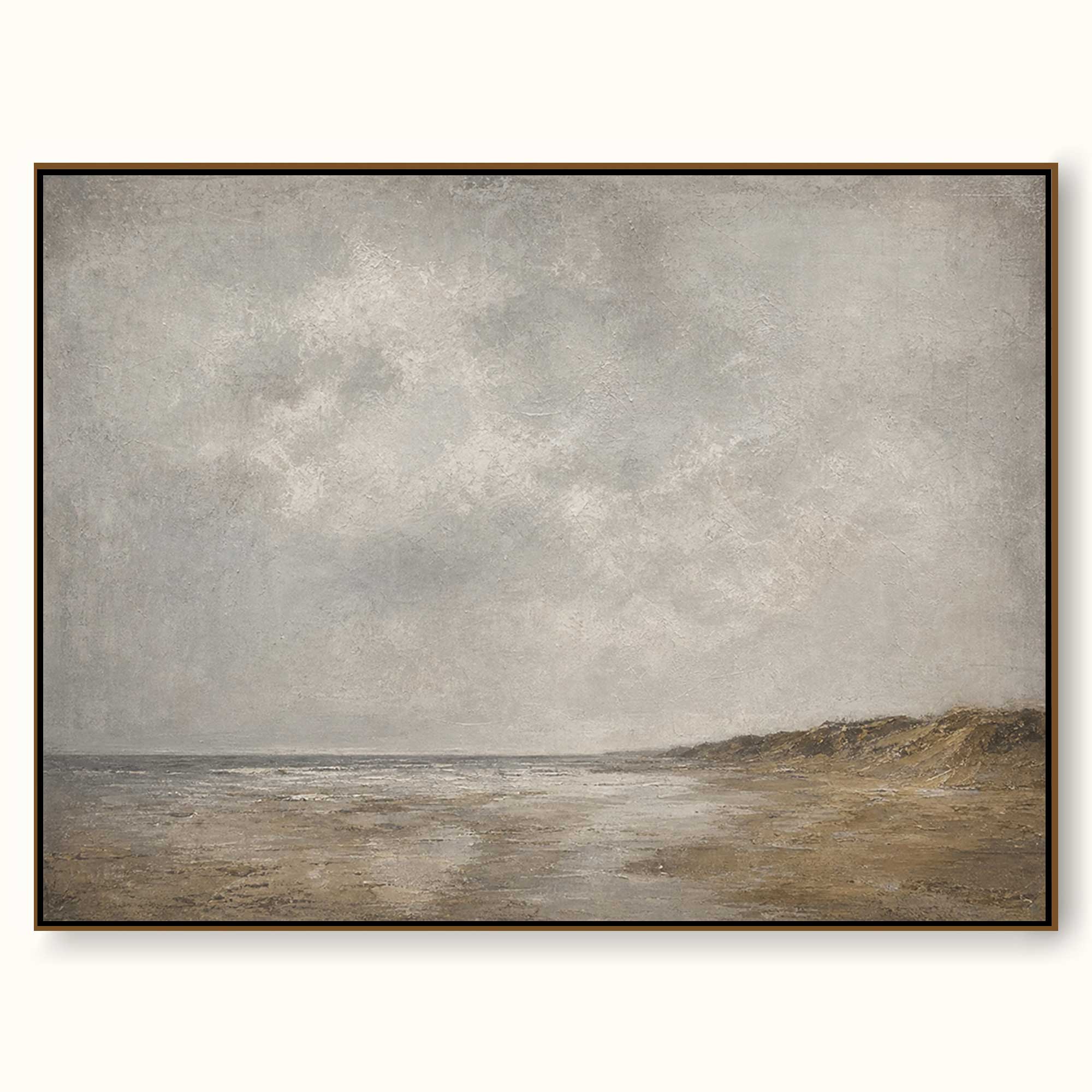 Vintage Coastal Landscape Painting With Gray And Beige Tones For Living Room Decor