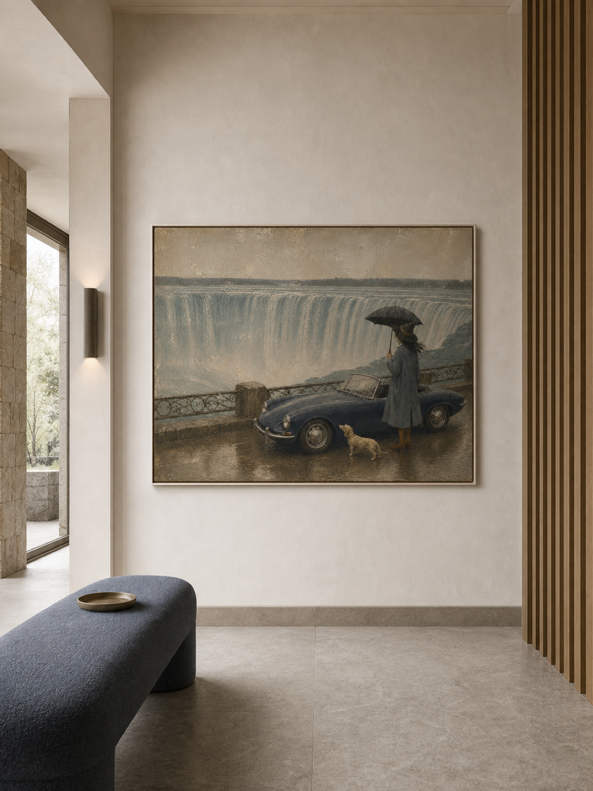 Surreal Landscape Oil Painting Featuring Retro Convertible And Waterfall View