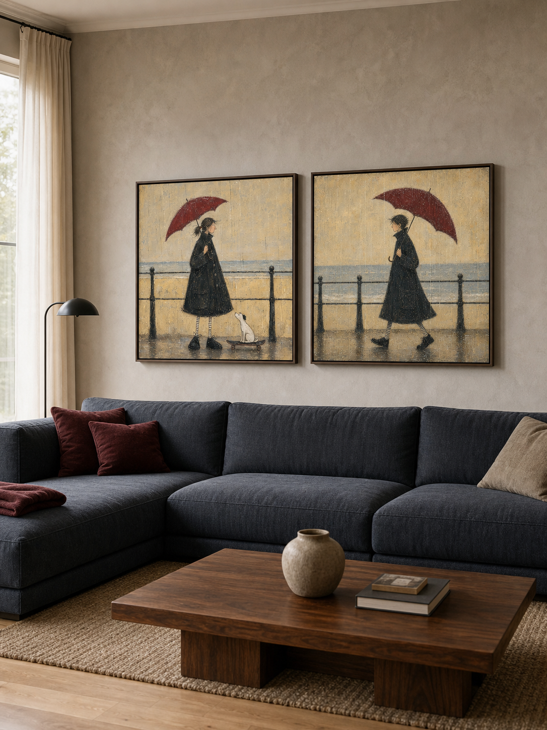 Vintage Seaside Couple Diptych With Red Umbrellas Hand Painted Oil Painting For Bedroom