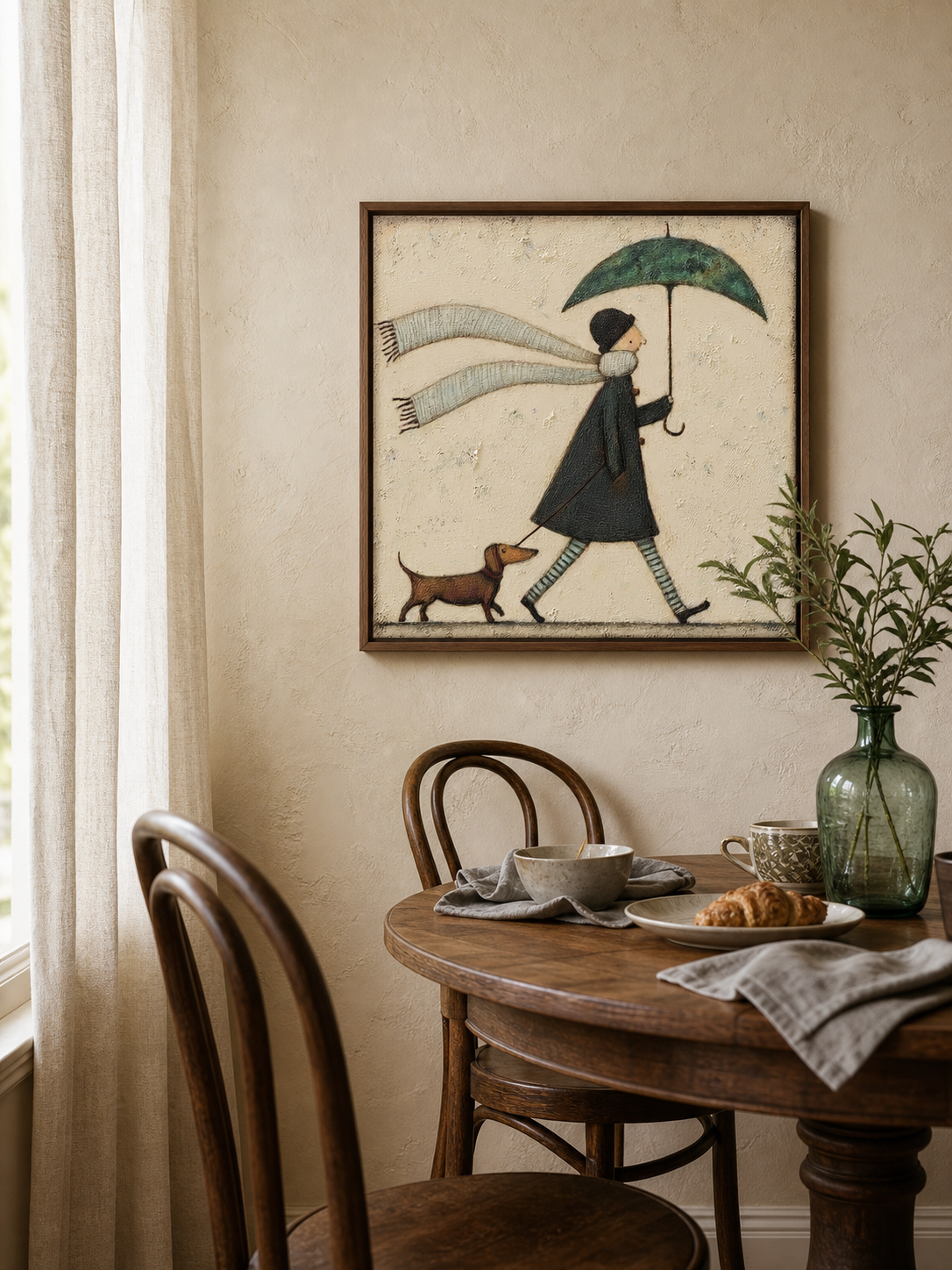 Whimsical Pet Art With Umbrella And Scarf Original Oil Painting On Linen Canvas