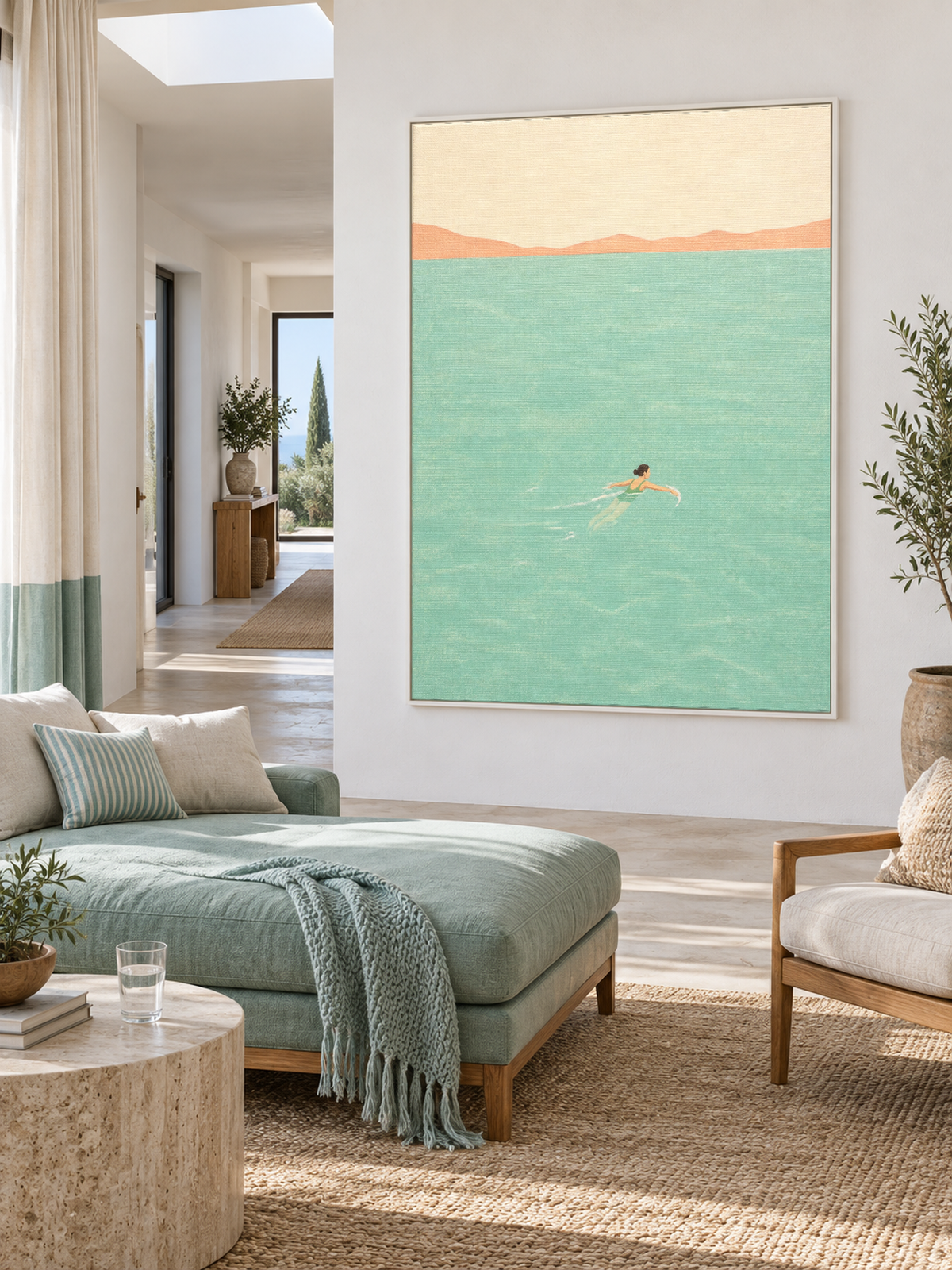 Woman Swimming In Sea Hand-Painted Canvas Wall Art Minimalist Blue