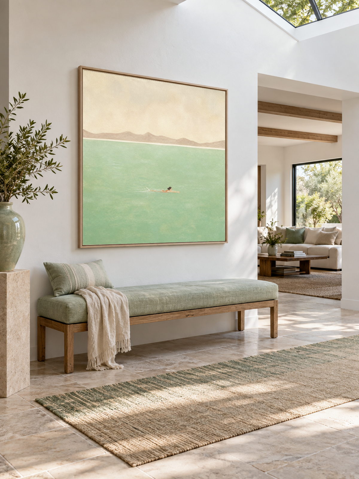 Hand-Painted Pale Green Sea Swimmer Canvas Wall Art With Mountain Horizon