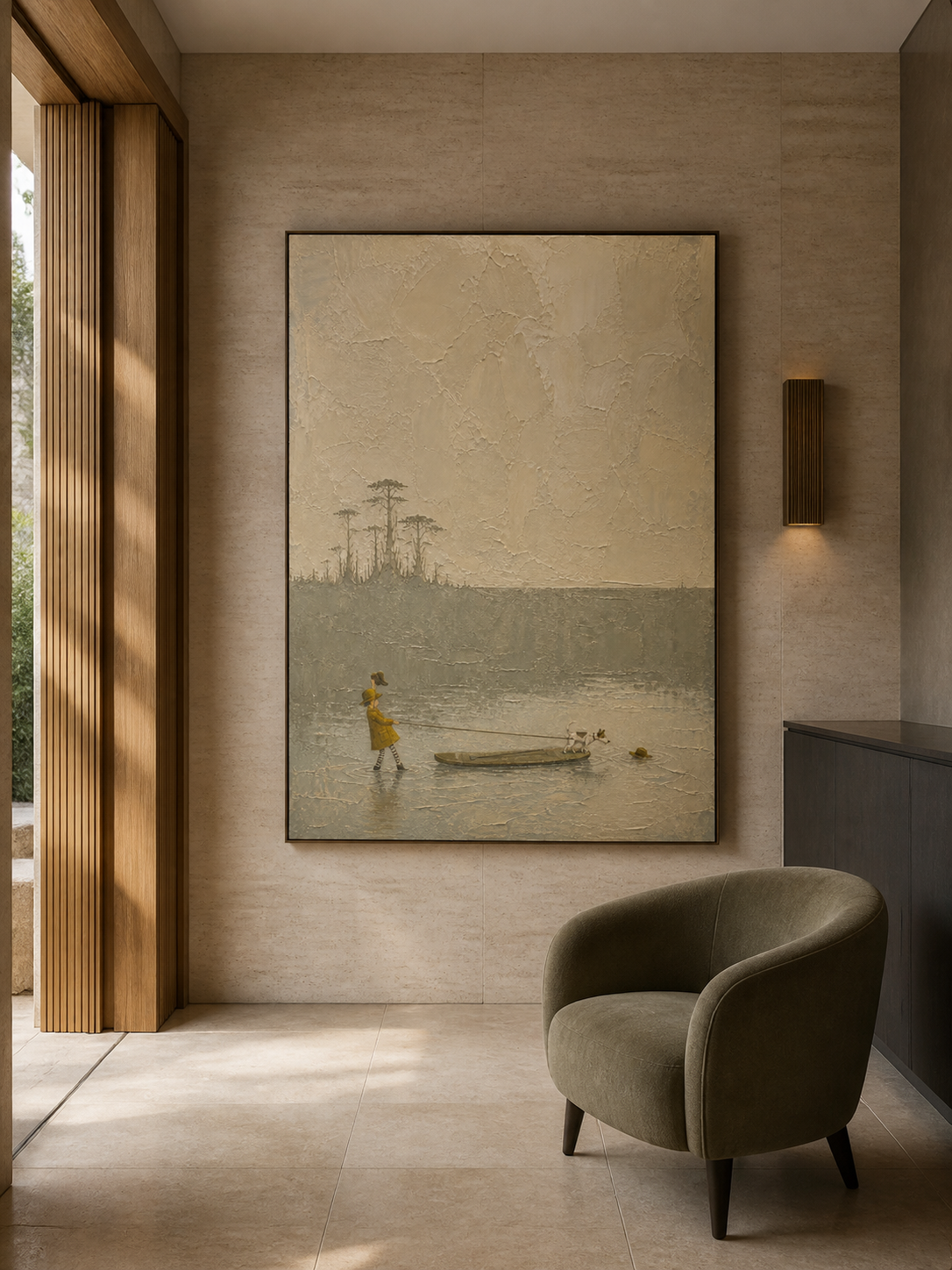 Vintage Girl And Dog Travel Canvas Painting In Beige And Grey