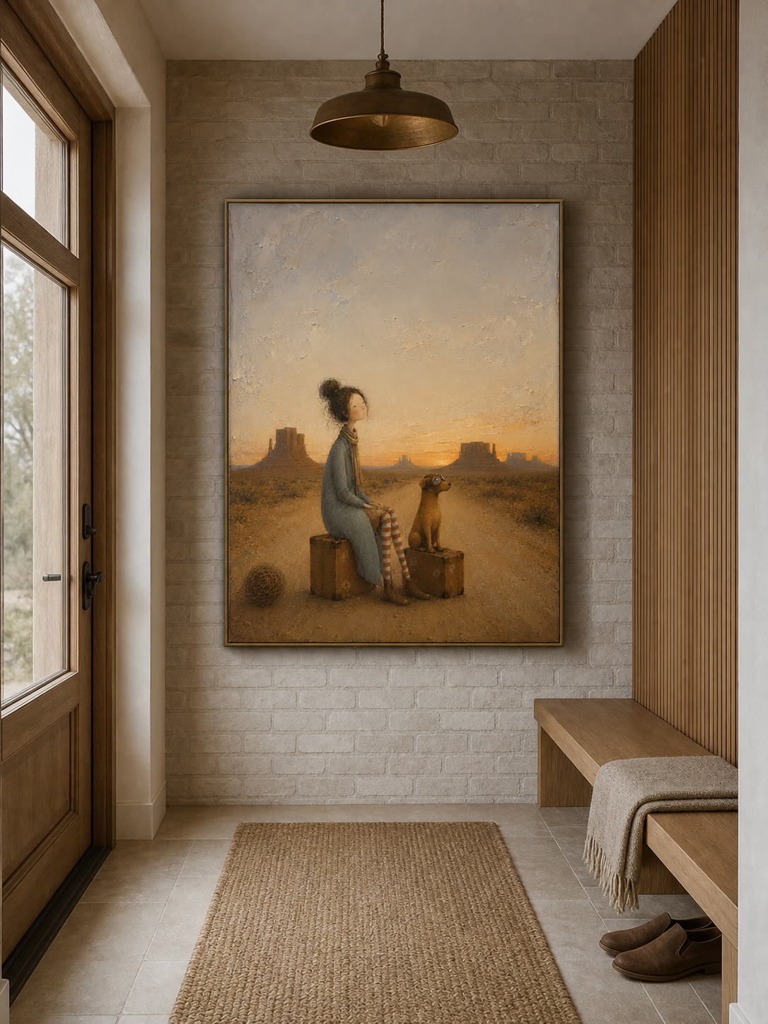 Whimsical Southwestern Desert Travel Art With Girl And Dog For Living Room Wall Decor