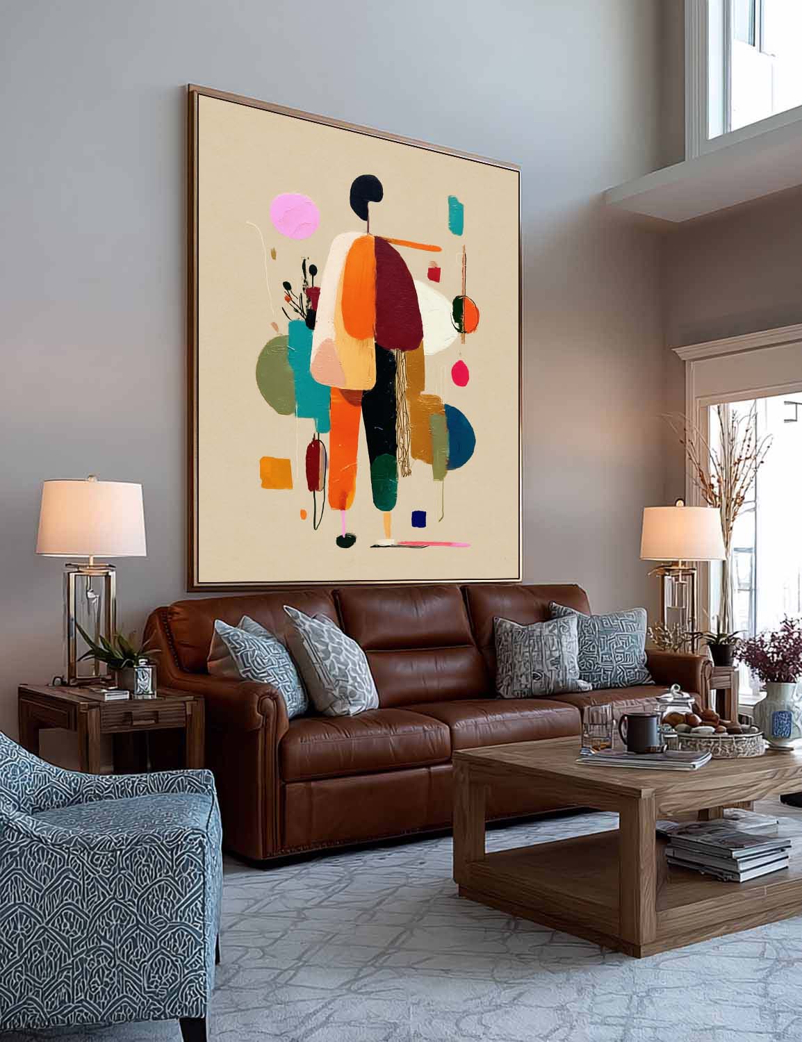 Colorful Minimalist Abstract Oil Painting With Textured Beige Background