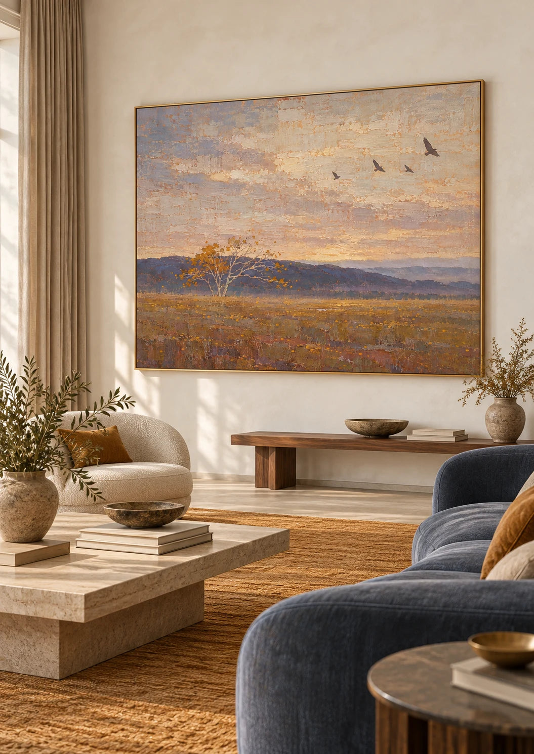 Large Rural Landscape Wall Art In Warm Neutral Tones For Modern Living Room