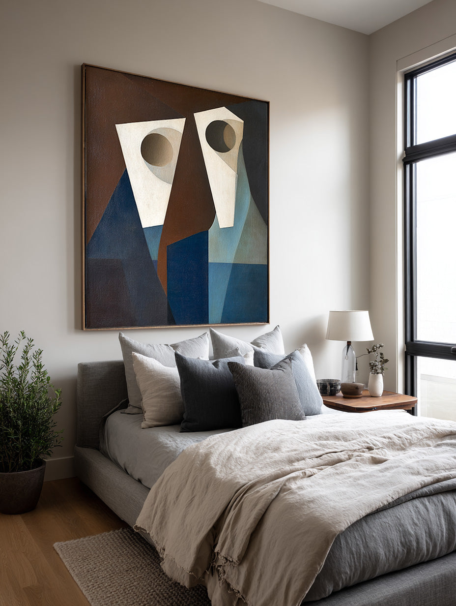 Minimalist Beige And Blue Abstract Geometric Faces Art Handmade Wabi Sabi Beige And Blue Geometric Faces Art Handmade Canvas Wall Decor