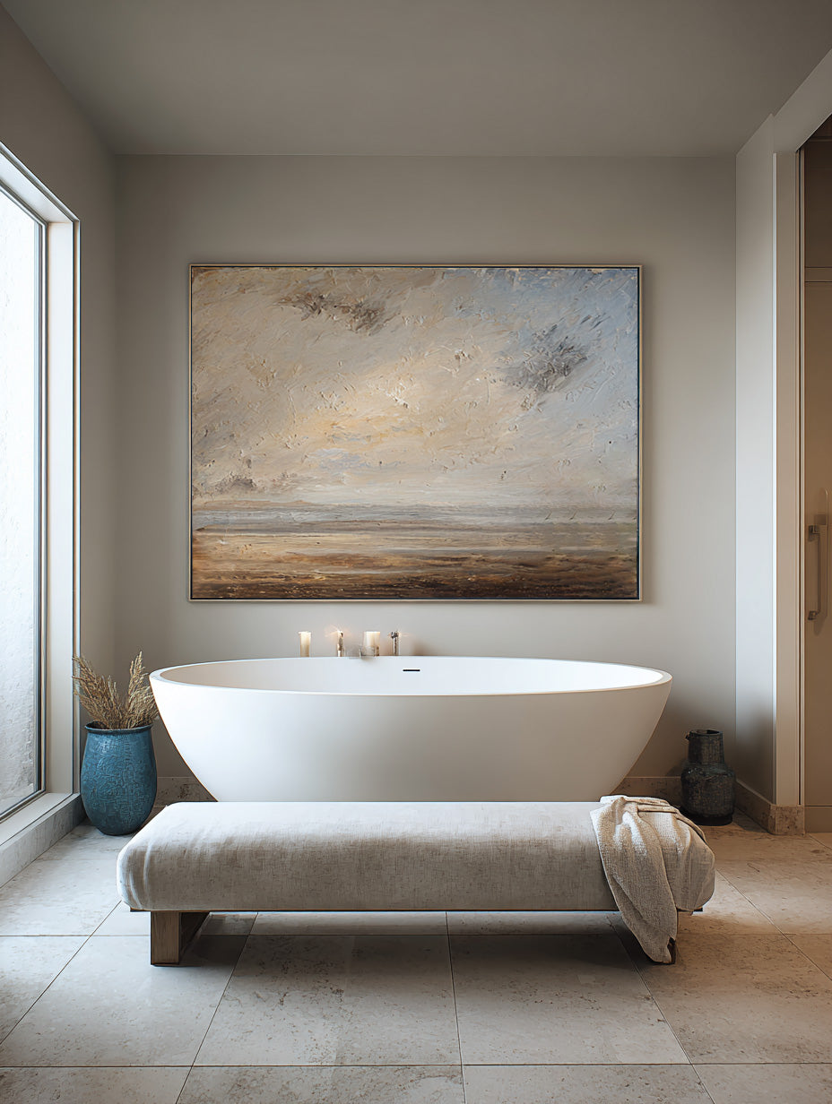 Large Minimalist Beige And Gray Seascape Canvas Wall Art Large Minimalist Coastal Canvas Art Neutral Soft Light Ocean Oil Painting