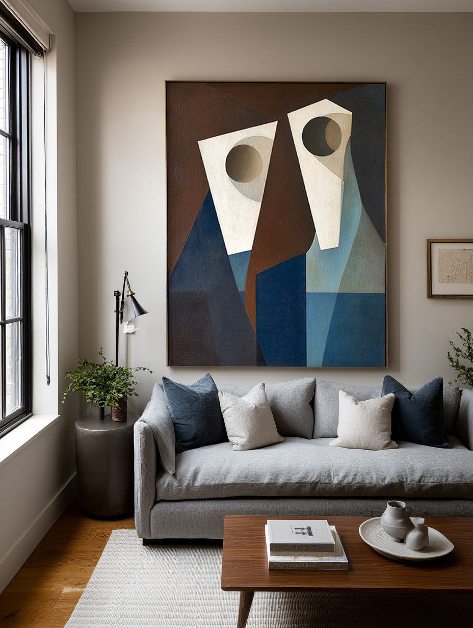 Original Abstract Geometric Human Faces Art Large Beige and Blue Geometric Abstract Faces Art Handmade Minimalist Canvas Wall Decor