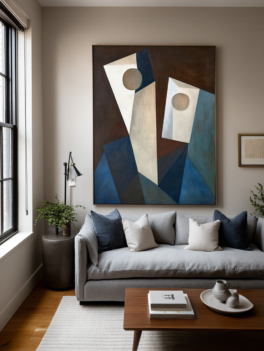 Minimalist Beige And Blue Abstract Geometric Faces Art Handmade Wabi Sabi Beige And Blue Geometric Faces Art Handmade Canvas Wall Decor