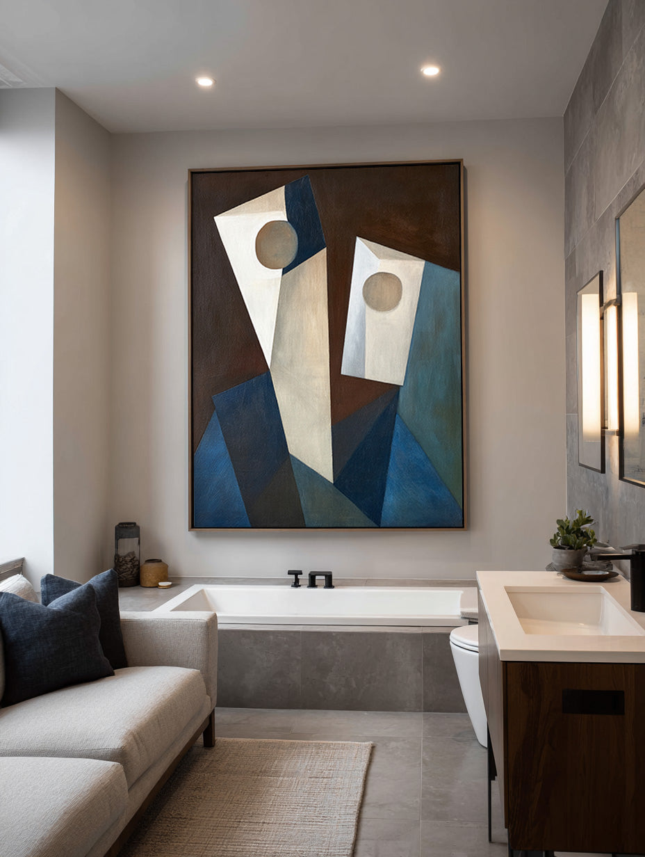 Minimalist Beige And Blue Abstract Geometric Faces Art Handmade Wabi Sabi Beige And Blue Geometric Faces Art Handmade Canvas Wall Decor