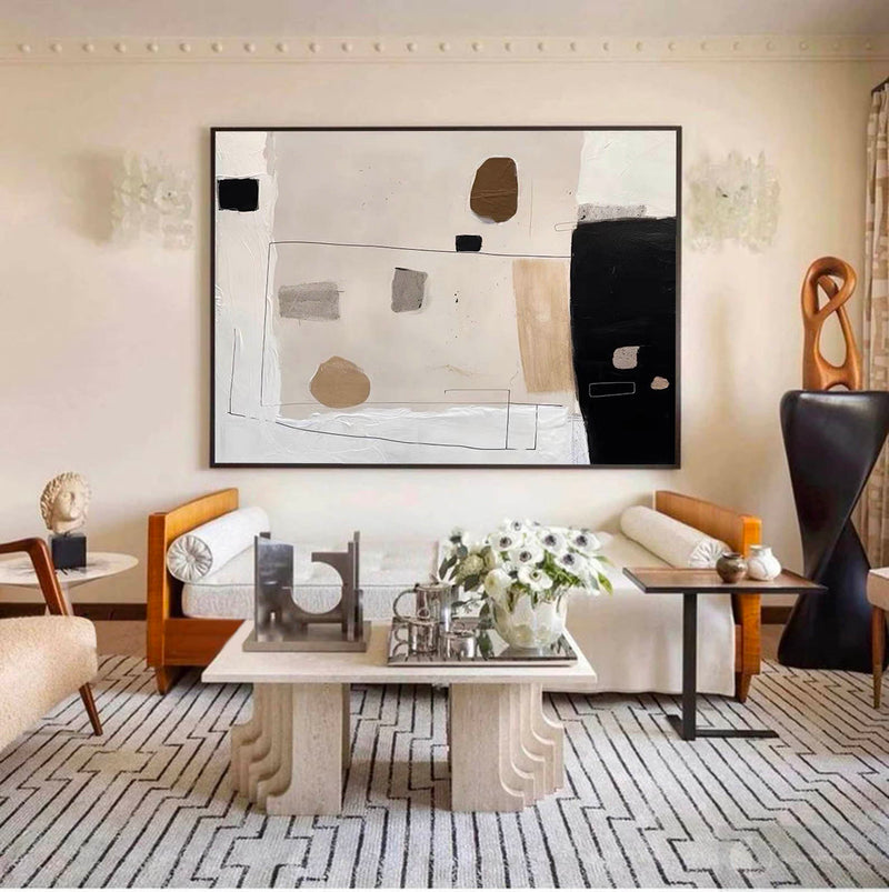 Beige Black Minimalist Painting On Canvas Large Beige Texture Wall Art Beige Abstract Wall Art