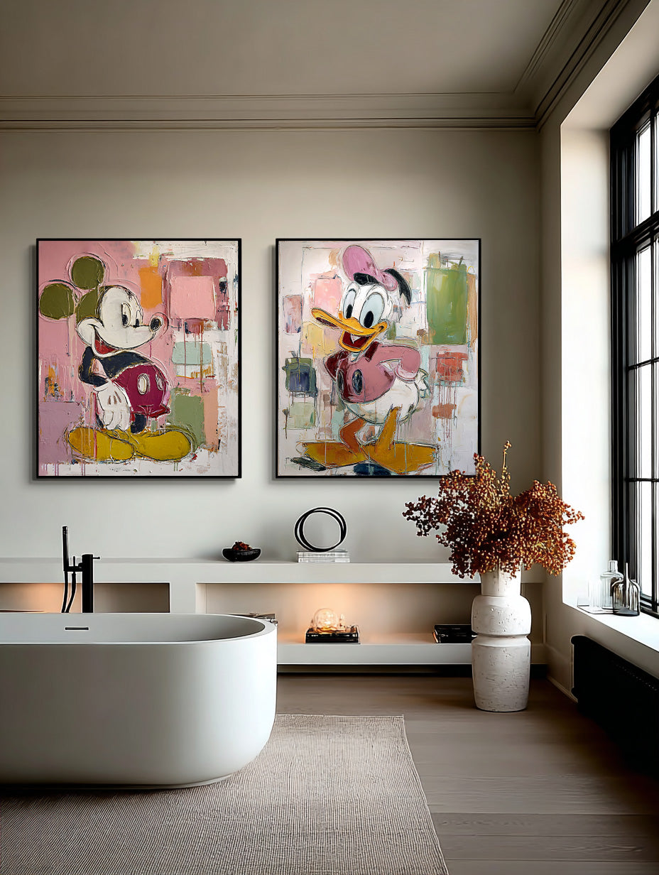 Modern Set Of 2 Multicolor Cartoon Abstract Oil Painting Minimalist Set Of 2 Cartoon Abstract Painting Colorful Mickey And Donald Painting