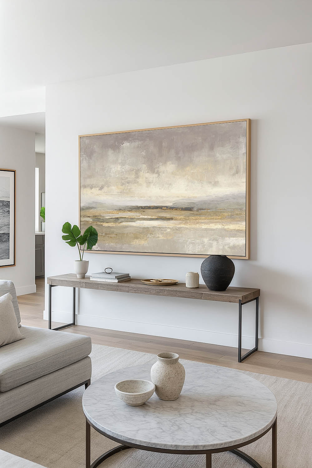Minimalist Abstract Seascape Oil Painting Handmade Beige And Grey Ocean Art Wabi Sabi Shoreline Wall Art