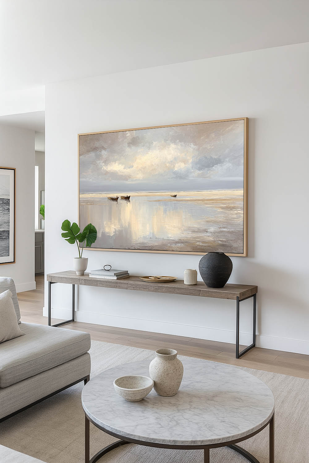 Neutral Handmade Seascape Art Large Beach Oil Painting Original Reflective Seascape In Neutral Tones