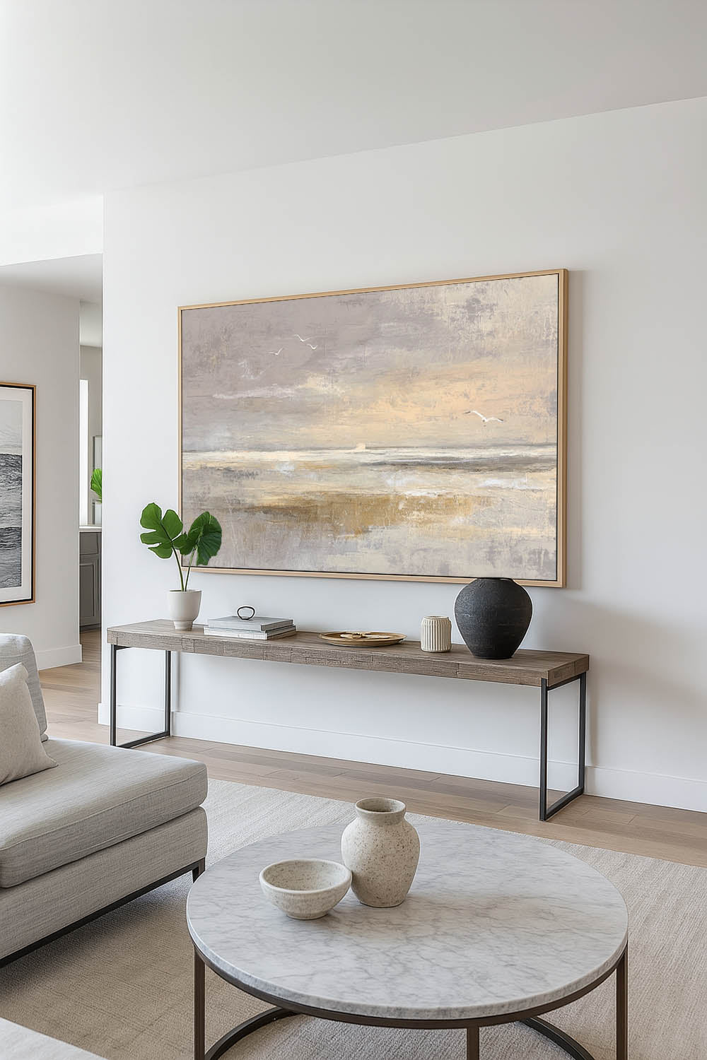 Large Textured Coastal Wall Art Minimalist Beige And Taupe Ocean Artwork Wabi Sabi Abstract Shoreline Canvas With Birds