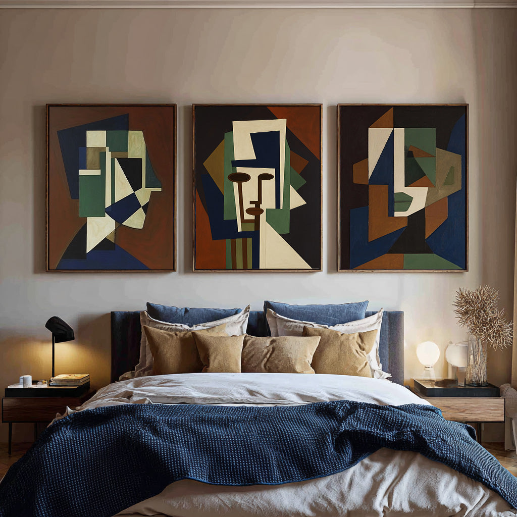 Set of 3 Geometric Abstract Face Oil Paintings Set of 3 Handmade Abstract Face Oil Paintings Set of 3 Portrait Oil Paintings