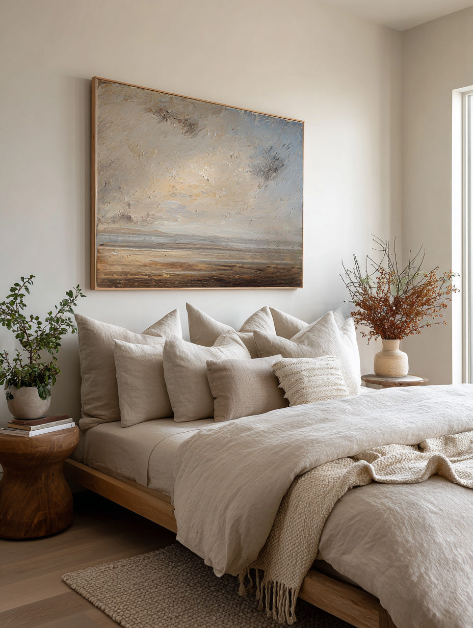 Large Minimalist Beige And Gray Seascape Canvas Wall Art Large Minimalist Coastal Canvas Art Neutral Soft Light Ocean Oil Painting