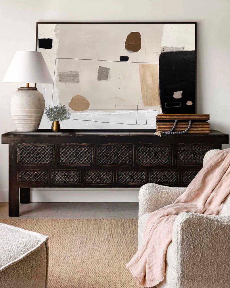 Beige Black Minimalist Painting On Canvas Large Beige Texture Wall Art Beige Abstract Wall Art