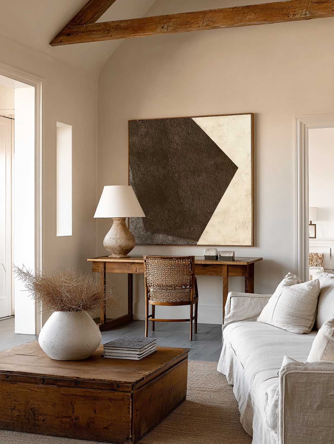 Large Brown And White Geometric Oil Painting Minimalist Brown Oil Painting On Canvas Neutral Brown Canvas Wall Art