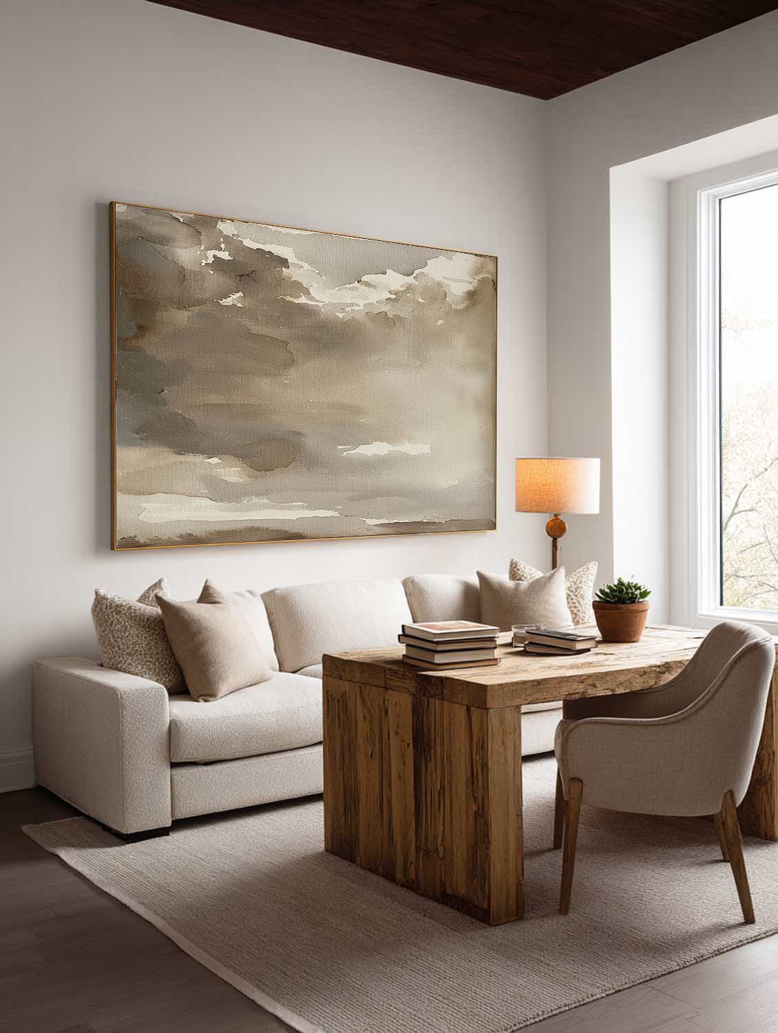 Large Minimalist Brown Landscape Painting Beige Brown Abstract Sky Art Large Neutral Brown Cloud Painting