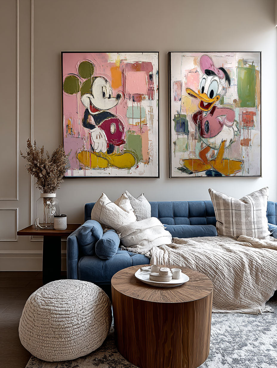 Modern Set Of 2 Multicolor Cartoon Abstract Oil Painting Minimalist Set Of 2 Cartoon Abstract Painting Colorful Mickey And Donald Painting