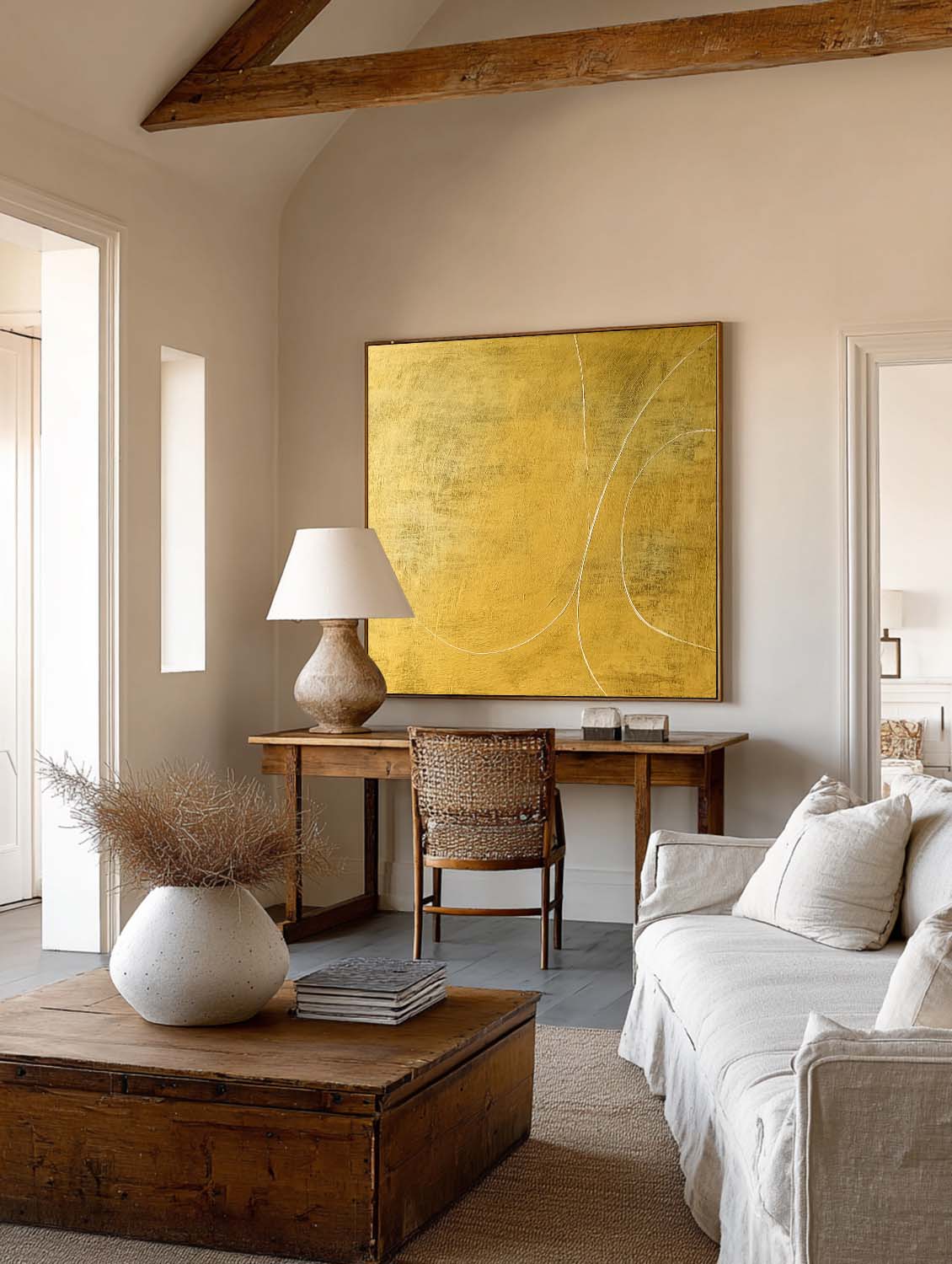 Large Yellow Abstract Line Painting On Canvas Original Yellow Abstract Oil Painting Modern Minimalist Wabi Sabi Wall Art