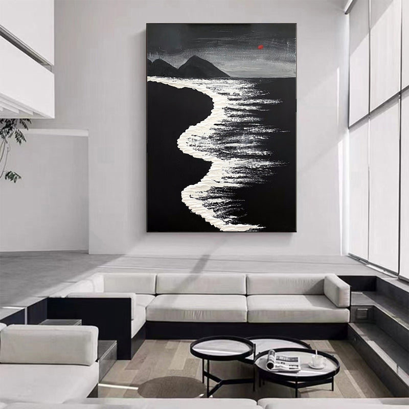 3d Minimalist Black White Wave Painting On Canvas Large Black Ocean Texture Wall Art