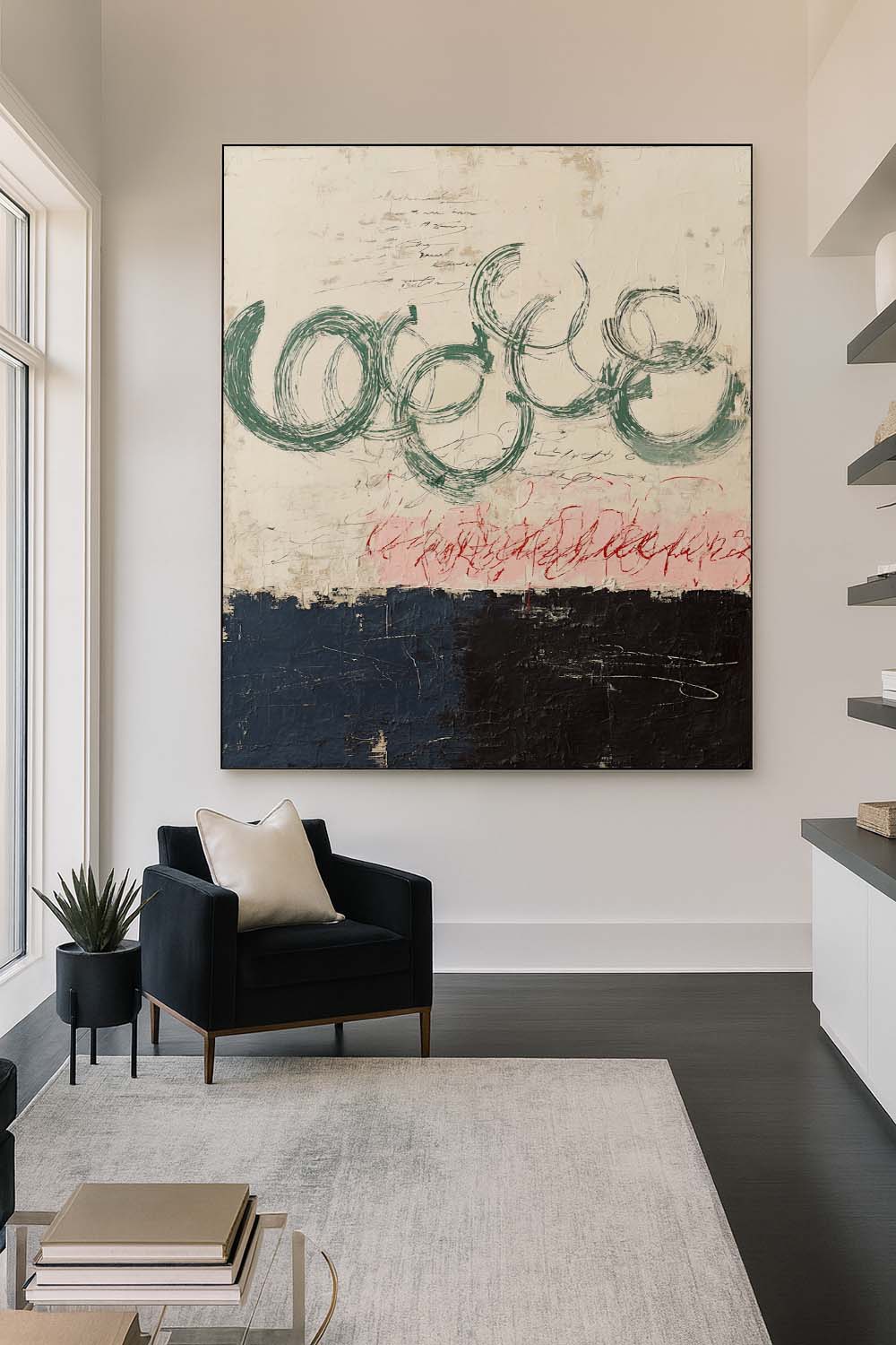 Minimalist Black And Beige Abstract Painting Beige And Green Line Abstract Artwork Large Minimalist Beige Canvas Painting