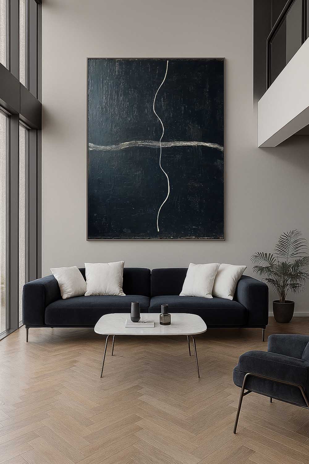 Handmade Modern Black Line Painting Large Minimalist Black Line Wall Art Large Abstract Wall Decor For Living Room