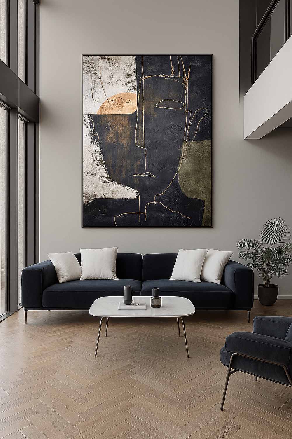 Handmade Black Beige Abstract Portrait Painting Large Black Abstract Face Oil Painting Original Minimalist Line Artwork