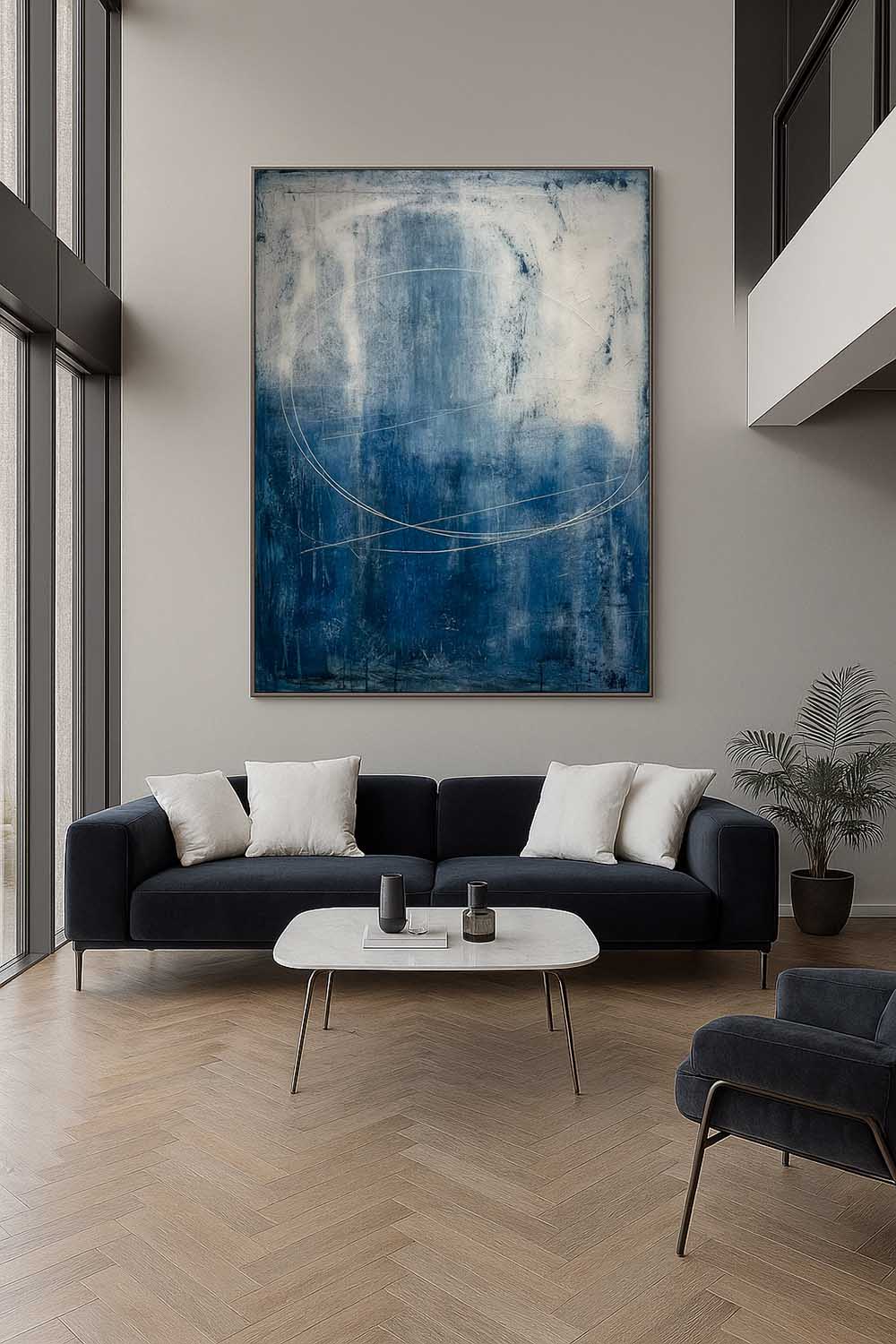 Minimalist Navy Blue Abstract Brush Line Painting Handmade Blue Abstract Canvas Artwork Navy Blue Abstract Wall Art