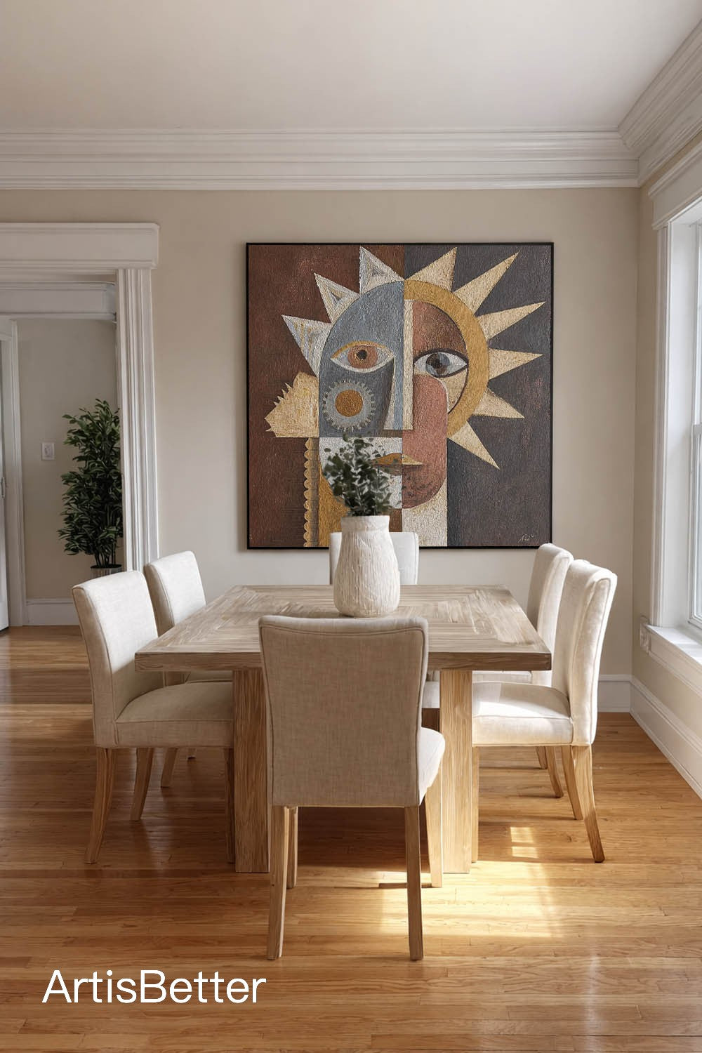 Large Textured Geometric Abstract Face Painting Contemporary Textured Abstract Sun Canvas Brown Canvas Wall Art