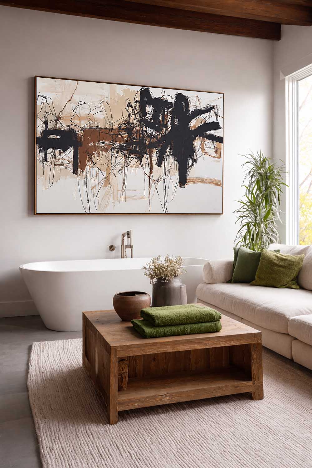 Large Textured Beige Black Abstract Art Minimalist Beige Black Abstract Painting Handmade Abstract Wall Art For Bedroom